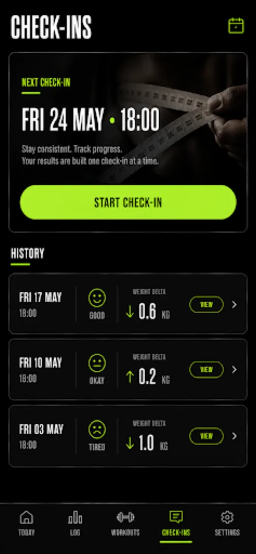 The Fitara client app, check-ins