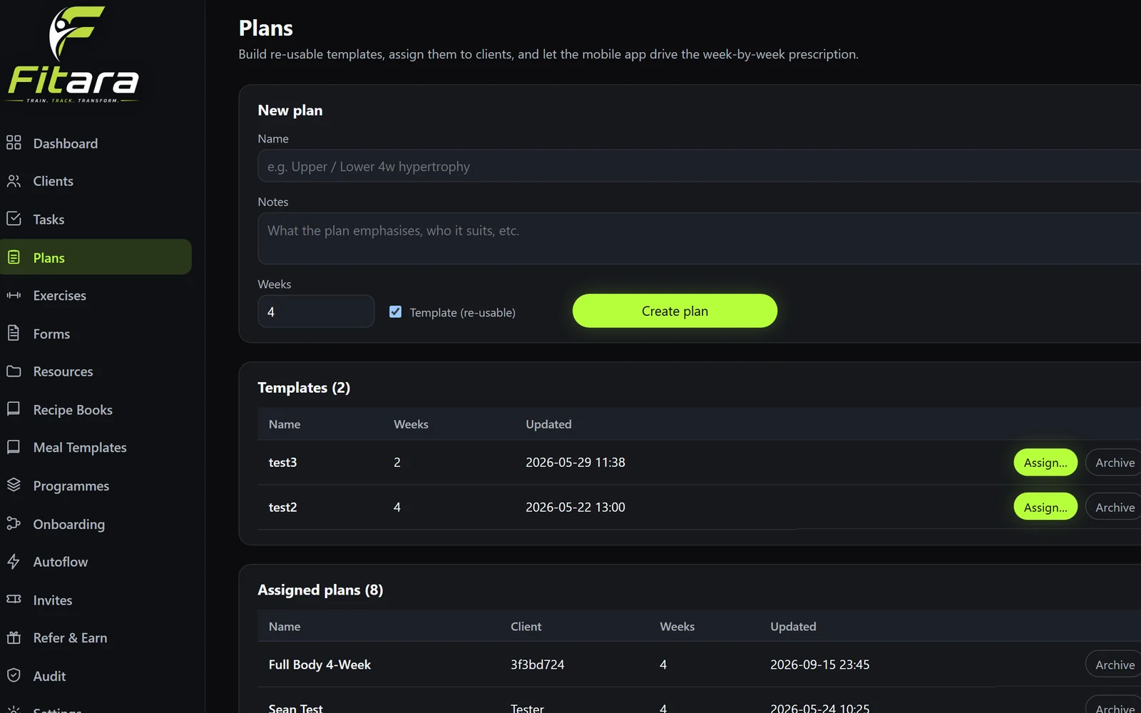 The Fitara trainer desk, plan builder
