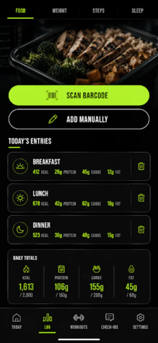 The Fitara client app, food