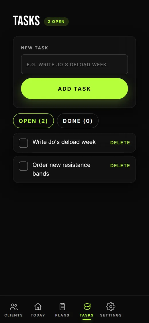 The Fitara trainer task list showing what needs attention