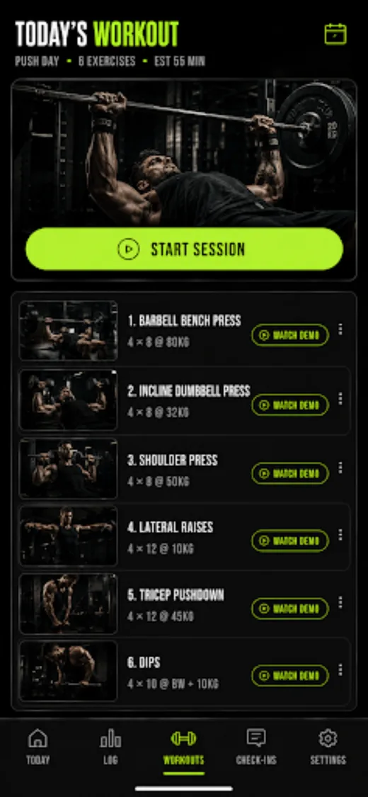 The Fitara client app, workouts