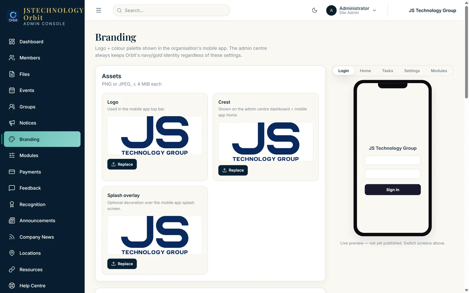 The Orbit admin console, branding