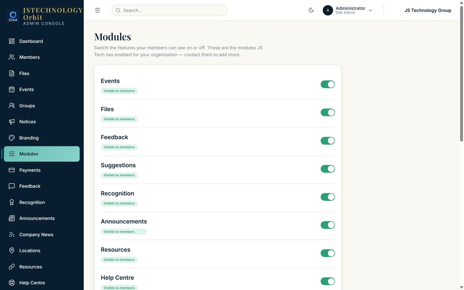 The Orbit admin console, modules